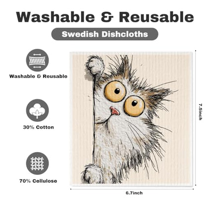 5 Pcs Cartoon Cute Peeking Kitten Swedish Dishcloths, Kitty Swedish Dishcloth, Funny Cat Dish Cloths for Drying Dishes, Reusable Cleaning Cloths, Cat Lover Gifts for Women 4 - color: Lm 03435