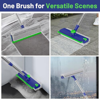 Floor Scrub Brush with Long Handle: 3 in 1 Heavy-Duty Floor Scrubber Brush with Squeegee for Cleaning Tile Bathroom Deck Kitchen Patio - Blue - color: Blue