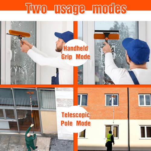Window Squeegee Kit with Extension Pole, 2-in-1 Professional Washer for High Windows, 3-12FT Adjustable Reach, Rotatable Head for Indoor & Outdoor Use, Streak-Free Cleaning Tool for Home