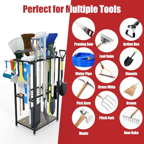 Faesun Garden Tool Organizer, 3-Tier Metal Yard Tool Rack with 14 Hooks & 5 Slots, Holds 50+ Rakes/Shovels/Brooms, Heavy Duty Freestanding Lawn Tool Storage for Garage Shed Outdoor Organization - size: Stand