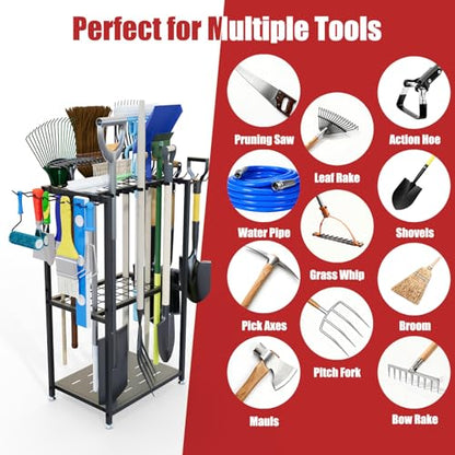 Faesun Garden Tool Organizer, 3-Tier Metal Yard Tool Rack with 14 Hooks & 5 Slots, Holds 50+ Rakes/Shovels/Brooms, Heavy Duty Freestanding Lawn Tool Storage for Garage Shed Outdoor Organization - size: Stand