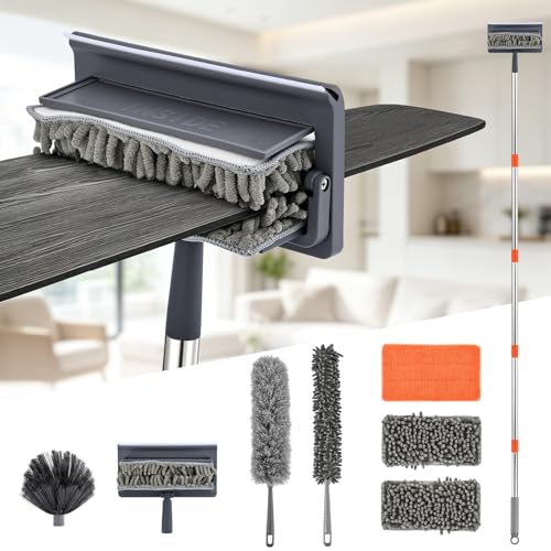 76 Inch Ceiling Fan Cleaner with Long Handle, 360° Fan Blade Cleaner, High Ceiling Duster Cleaning Kit with Cobweb Brush, Chenille and Microfiber Duster for Blinds, Walls and Light Fixtures - color: Gray-complete Duster Kit