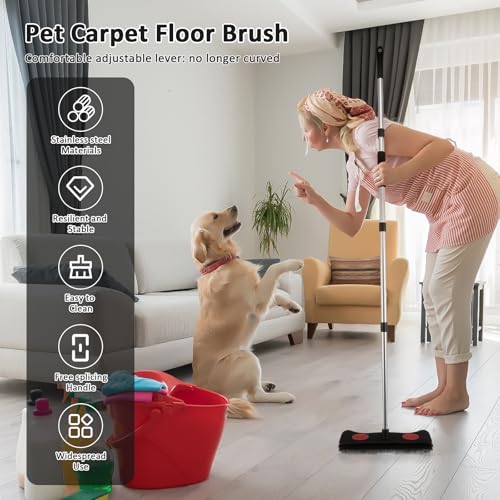 Rubber Broom with Squeegee Efficient Carpet Rake Broom with Adjustable Handle Practical Fur Remover Broom Reusable Detailing Lint Remover Brush Pet Hair Removal Broom for Pet Floor Carpet