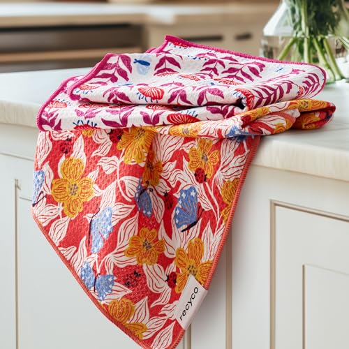RECYCO Waffle Kitchen Towel Set of 2 - Quick Dry Microfiber Sustainable Dish Towels - Absorbent Reusable Cleaning Tea Towels - Lightweight Hand Towels,16”x 28”, Blossom Brilliance Pink - color: Blossom Brilliance Pink