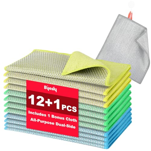 Non-Scratch Silver Mesh Dish Cloths, 12+1 Pack Microfiber & Wire Metallic Fiber Cleaning Cloths for Kitchen, Diamond Weave Scrubber Pads for Dishes, Sinks & Cookware (7.87x7.87 Inches) - style: Microfiber & Silver Mesh