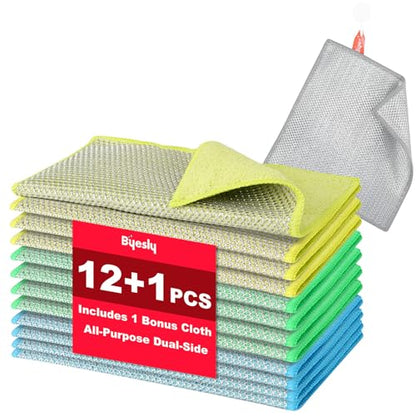 Non-Scratch Silver Mesh Dish Cloths, 12+1 Pack Microfiber & Wire Metallic Fiber Cleaning Cloths for Kitchen, Diamond Weave Scrubber Pads for Dishes, Sinks & Cookware (7.87x7.87 Inches) - style: Microfiber & Silver Mesh