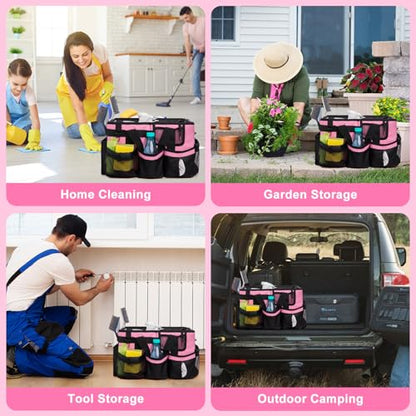 Large Cleaning Caddy Bag with Built-in Support Board, Wearable Cleaning Supplies Organizer with Adjustable Shoulder Strap & Waist Belt, Waterproof Heavy Duty Tote for Housekeepers Car Detailing - color: Black-Pink