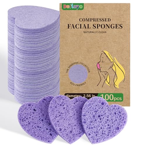 100-Count Compressed Facial Sponges, Heart Shape Face Sponge for Cleansing, Natural Cosmetic Spa Sponges for Facial Cleansing, Exfoliating Mask (Purple Heart Sponges) - color: Purple
