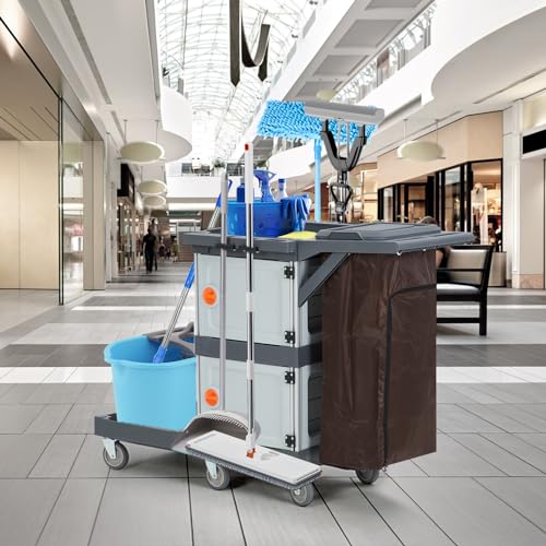 Commercial Janitorial Cart with Cabinet, 3-ply Multi-Purpose Engineered Plastic Housekeeping Cart with 30 Gallon Bag Hand Push Utility Cart, 200 lbs Load Capacity