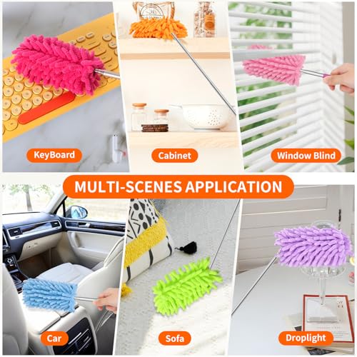 Mini Duster for Cleaning, 360° Bendable Hand Dusters with Extension Pole, Washable Small Duster for Car Interior, Office, Furniture - color: 3 Pack Red Pink Purple