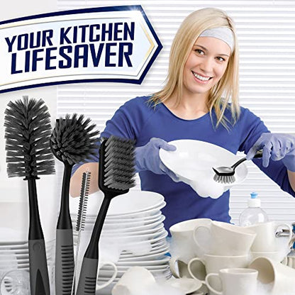 Dish Brush Set of 4 - Kitchen Scrub Brushes with Non-Slip Long Handle for Cleaning, Scrubber, Dishwashing, Dishes, Bottles, Straws, Cups, Pots & Sink, Black - color: Black, Set of 4