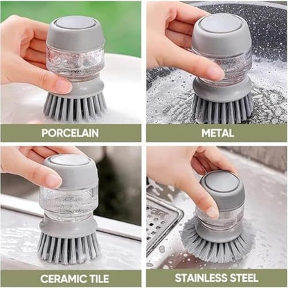 Soap Dispensing Dish Brush with Holder and Drip Tray, Kitchen Scrub Brush for Pans and Sinks, Refillable Dish Detergent Dispenser for Easy Cleaning (Gray) - color: Gray