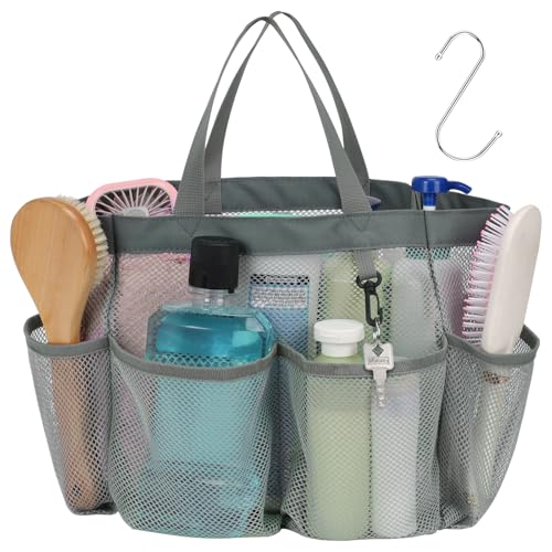F-color Mesh Shower Caddy Portable, Upgrade Deeper 7 Pockets Shower Bag Basket Tote for College Dorm Room Toiletry Bathroom Essentials Gym Camp Quick Dry 2 handles with S Hook, Grey - color: Grey, size: L (Classic Dorm Caddy)