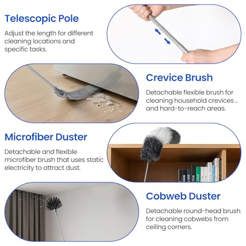 Extra-Long Dusters Kits with Extension Pole, 5 in 1 Cleaning Tools with Extendable Long Handle, Cobweb Duster, Microfiber Dusting Clothes for Gap, High Ceilings and Fans, Blinds, Cars and Furniture