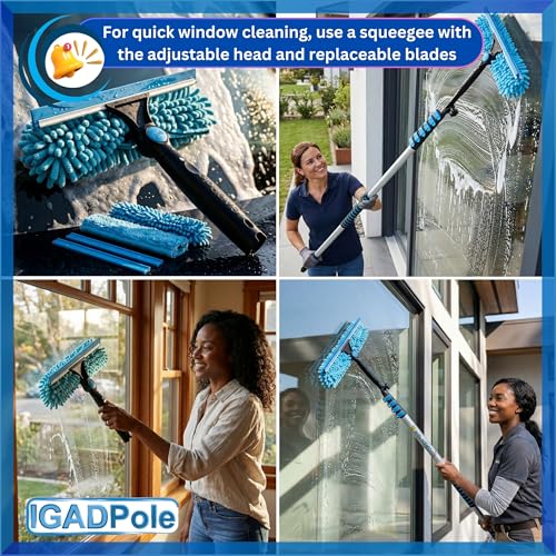 IGADPole 28 FT Water-Fed Washing Kit with Soap-Dispenser, Brush, 10″ Squeegee & Cobweb Duster for Windows, Gutters, Solar Panels & Exterior Walls - size: 28 FT Pole