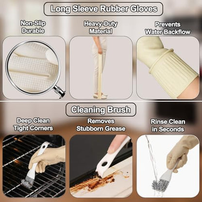 12 Pack Oven Rack Cleaning Bags, Large Sizes (23.62*35.43 in/19.69*27.56 in), 6 Heavy Duty Reusable PE Bags for Deep Soaking BBQ Racks Grill Grates, with 3 Pairs of Long Rubber Gloves, 3 Brushes