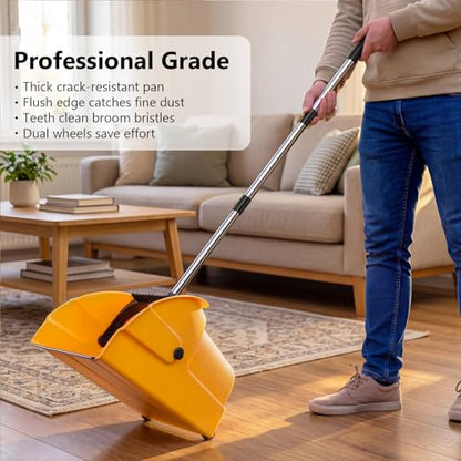 Jumbo Commercial Dustpan with Wheels & Comb Teeth - Heavy Duty 14.2" Rolling Debris Pan - Long Handle Extra Large Upright Dust Pan for Industrial Warehouse Garage Restaurant Sidewalk Outdoor - Yellow - color: Yellow