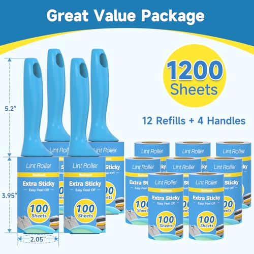 Swihauk 1200 Sheets Extra Sticky Lint Rollers for Pet Hair, Easy Spiral Tear Lint Roller for Clothes with Ergonomic Handle, Multipurpose Lint Remover for Furniture, Carpet, Car Seat - size: 1200 Sheets
