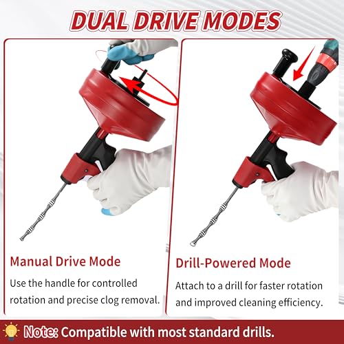 Drain Snake 50 Ft with Drill Attachment, Auto Feed 1/4 Inch Plumbing Snake for Sink, Shower & Tub Clogs, Manual or Drill-Powered Drain Auger, with Gloves, Safety Glasses & Storage Bag - color: 50FT
