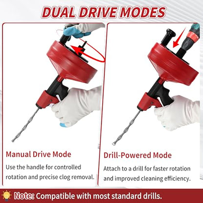 Drain Snake 25 Ft with Drill Attachment, Auto Feed 1/4 Inch Plumbing Snake for Sink, Shower & Tub Clogs, Manual or Drill-Powered Drain Auger, with Gloves, Safety Glasses & Storage Bag - color: 25FT