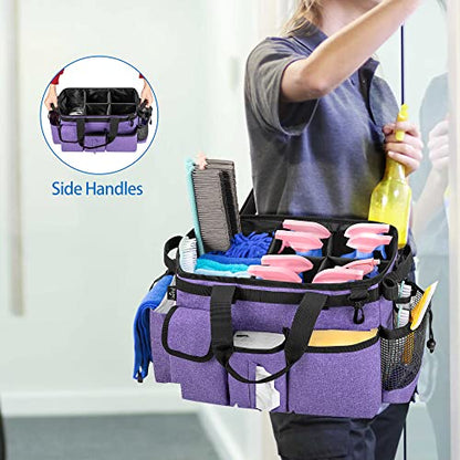 LoDrid Large Wearable Cleaning Caddy Bag with Detachable Divider, Cleaning Supply Tote Organizer with Handles and Adjustable Shoulder Strap for Cleaners & Housekeepers, Purple - color: Purple
