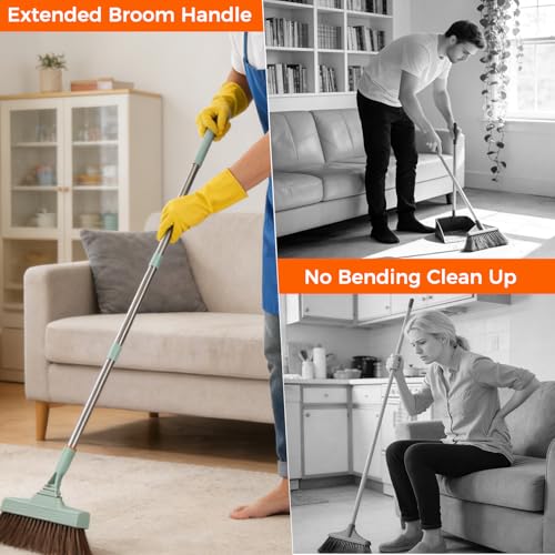 Broom and Dustpan Set with Adjustable Handle, Upright Design, Built-in Comb Teeth, Mint Green, for Home Office Hardwood Floors Pet Hair (Green/Gray) - color: Green/Gray