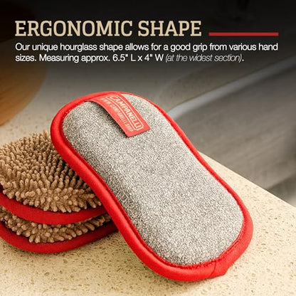 CAMPANELLI Premium Dual-Sided Dish Sponge | Chenille Microfiber & DiamondFiber Scrubber, Washable Reusable Sponges for Dishes Pots & Pans, Ergonomic Grip | 3 Pack - Taupe Gray Red