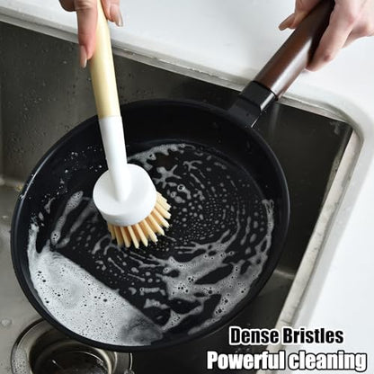 ALINK Dish Brush with Handle and 3 Replacement Heads, Pot and Pan Cleaning Scrub Brush for Kitchen, Sink, Stove, Cast Iron Scrubber