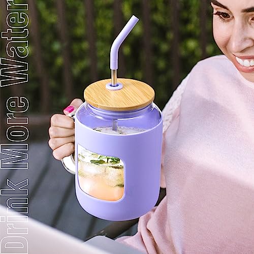 WINSA 50 oz Glass Water Bottles with Silicone Sleeve,Glass Tumbler with Lid and Straw,Iced Coffee Cup with Handle,BPA Free-Purple - color: Purple