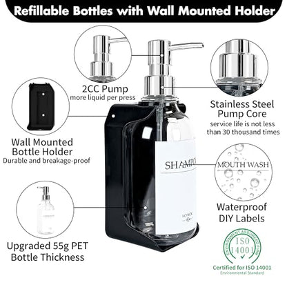 Shampoo and Conditioner Dispenser, Shower Soap Dispenser with 16 Waterproof Labels, Shampoo Dispenser for Shower Wall, Shower Dispenser 3 Chamber No Drill, 17oz, Clear - color: Clear Bottle + Silver Pump