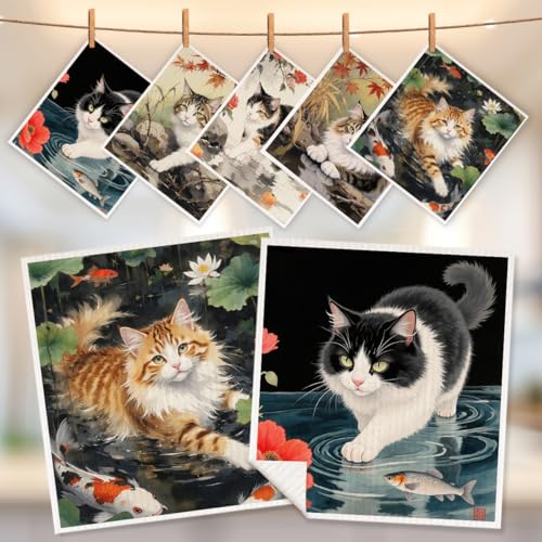 5 Pcs Vintage Kitten & Flower Swedish Dishcloths, Cat Themed Swedish Dishcloth, Artistic Dish Cloths for Drying Dishes, Reusable Cleaning Cloths, Housewarming Gifts for Women 3 - color: Lm 04259