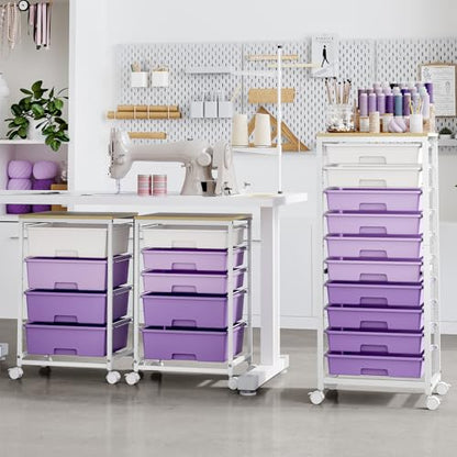 SYKIARIOL Rolling Cart with Drawers,10 Drawer Rolling Cart,Storage Cart with Wheels,Utility Cart with Drawers,Teacher Cart for Classroom Storage,Craft Cart with Wheels and Wooden Tabletop,Purple - color: purple