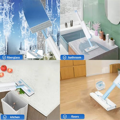 Self-Squeezing Mini mop Hand-Free Small Sponge Cleaning mop Suitable for Desktop, Kitchen, Bathroom, Glass, car, Corners and Other Small Spaces (Sponge 3pcs Squeeze Handle 1pcs) (Blue)