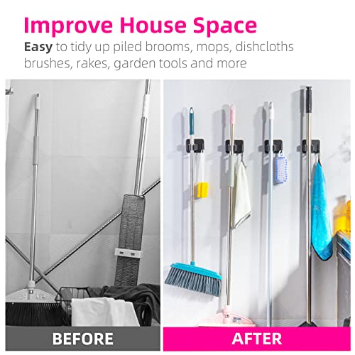 Broom and Mop Holder, Super Anti-Slip Wall Mount, Self Adhesive Gripper for Bathroom, Garage and Laundry Room Storage, Black