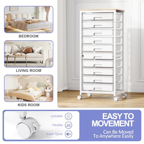 SYKIARIOL Rolling Cart with Drawers,10 Drawer Rolling Cart,Storage Cart with Wheels,Utility Cart with Drawers,Teacher Cart for Classroom Storage,Craft Cart with Wheels and Wooden Tabletop,White - color: white