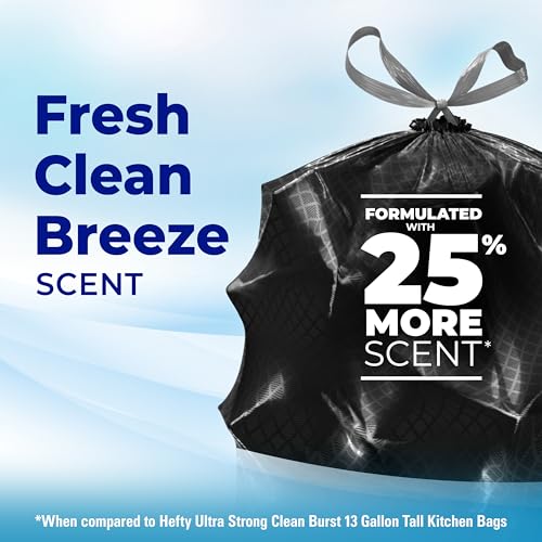 Hefty Ultra Strong Signature Scents 13 Gallon Trash Bags, Fresh Clean Breeze Scent, Tall Kitchen Trash Bags with 25% More Scent Technology, Blackout, 80 Count - style: Fresh Clean Breeze-Black