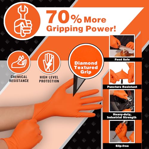 Industrial Nitrile Gloves – Heavy Duty Latex & Powder Free Disposable Gloves with Diamond Texture - color: Orange, size: XX-Large (Pack of 300)