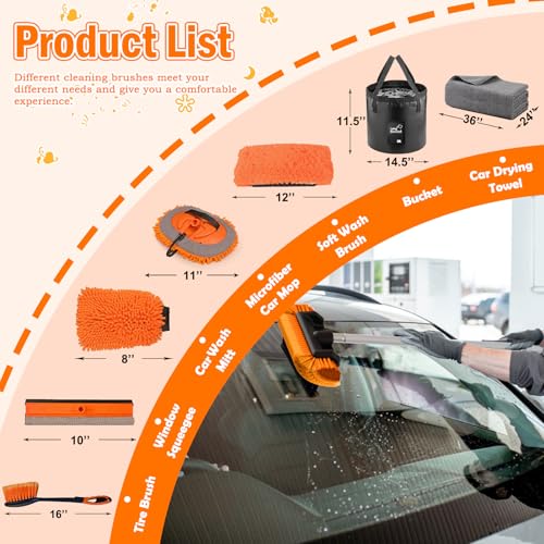 LAANPOLE 20FT Car Wash Brush with Long Handle, Car Cleaning Kit with Soft Bristle Wash Brush, Microfiber Cleaning Mop, Window Squeegee, Mitt, Wheel Brush, Bucket, Drying Towel for RV, Truck, Boat - size: 20FT
