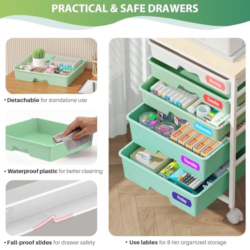 Goovilla Rolling Cart with Drawers, Utility Cart Organizer With 5 Removable Drawers and Wooden Tabletop, Lockable Rolling Storage Organizer for Art, Classroom, Home, Dorm, Office, Craft Storage, Green - size: Green