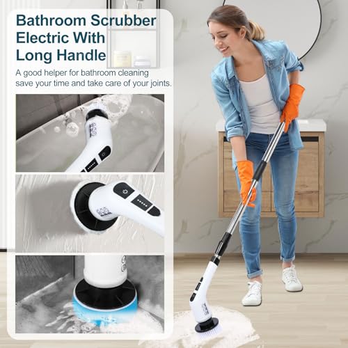 Electric Spin Scrubber with 7 Replaceable Brush Head，Shower Scrubber with Long Handle,7 in 1 Cordless Cleaning Brush，Power Shower Scrubber for Bathroom, Tub, Tile, Floor, Kitchen, Window,Black