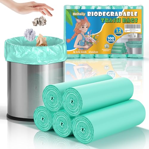 1.2 Gallon Small Biodegradable Trash Bags - Green Mini Garbage Bags (Fit 1-1.3 Gallon) 5 Liter 100 Count Unscented Compostable Tiny Little Waste Basket Kitchen Office Bathroom Liner Heihaily - style: Bio-1.2gal Green 100