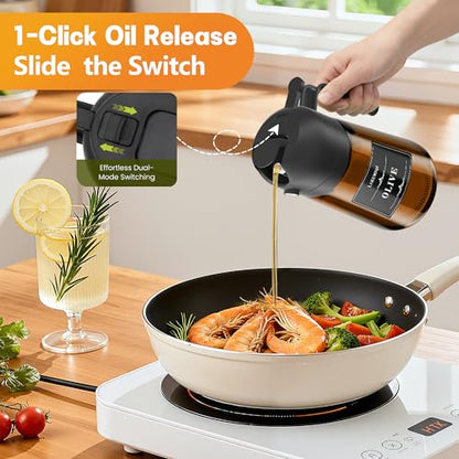 OURCABECUE 2 in 1 Olive Oil Sprayer for Cooking, 16oz/470ml Glass Olive Oil Dispenser Bottle for Kitchen, Light-Blocking Dark Brown Oil Mister with 8 Oil Stickers (Black+Green2PC) - color: Brown Bottle-Black+Green2PC