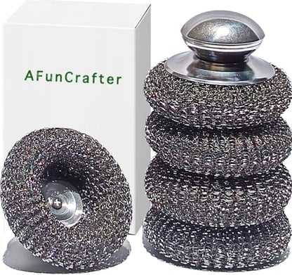 Steel Wool Scrubber with 2 Handles & 3 Replacement Wire Sponge(Scouring Pads) - Stainless Metal Cleaner Heavy Duty Brush for Pots, Pans, Cast Iron, Grill, Sink, Dishes, Stove, Kitchen Deep Clean