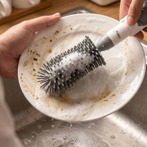 Soap Dispensing Brush Cleaner for Kitchen, Glassware, Mugs, and Plates | BPA Free Silicone Bristles, Portable, Comprehensive Multi-Purpose Cleaning