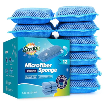 SCRUBIT Reusable Sponges for Dishes - 12 Pack Microfiber Sponges Kitchen Dish Scrubber, Machine Washable & Non-Scratch Scrubbers (Blue) - color: Blue