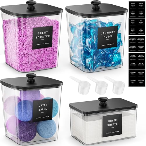 4 Pack Laundry Pods Container, Clear Laundry Room Organization Containers Essentials, Large Detergent Powder Storage Containers Black Wooden Lids & Labels Signs, Home Acrylic Laundry Pods Holder - color: Black, size: 3+1 pack