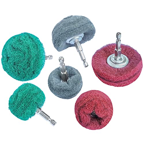 6PCS Non Woven Abrasive Buffing Polishing Wheel Drill Attachment Set,Scouring Pads Power Scrubber Cleaning Kit, Power-Operated Abrasive Wheels（ Green red Gray 1/4” Shank