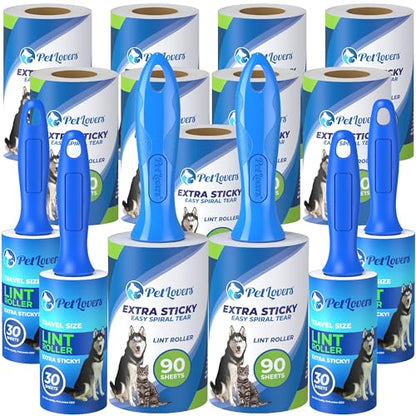 PetLovers Extra Sticky Lint Rollers Ultra Value Set 1110 Sheets, 9 Refills and 4 Travel Size Mini Rollers for Pet Hair, Dog and Cat Lint Removers