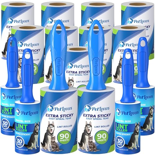 PetLovers Extra Sticky Lint Rollers Ultra Value Set 1110 Sheets, 9 Refills and 4 Travel Size Mini Rollers for Pet Hair, Dog and Cat Lint Removers