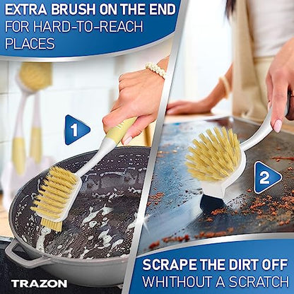 Dish Brush Set of 5 with Holder - Kitchen Scrub Brushes with Non-Slip Long Handle for Cleaning, Scrubber, Dishwashing, Dishes, Bottles, Straws, Cups, Pots & Sink, Baige - color: Baige, Set of 5 With Holder